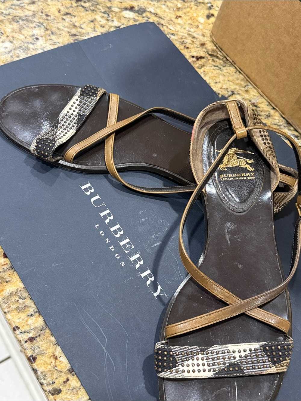 Burberry Brown Leather Strappy Sandals with Studded Accent